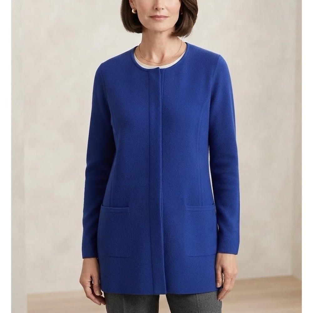 Talbots Sweater Womens 100% Merino Wool Long Cardigan Sz S Snap Up Blue Classic